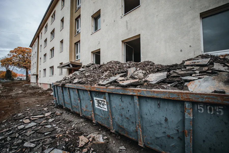 Benne remplie de gravats devant un immeuble en travaux