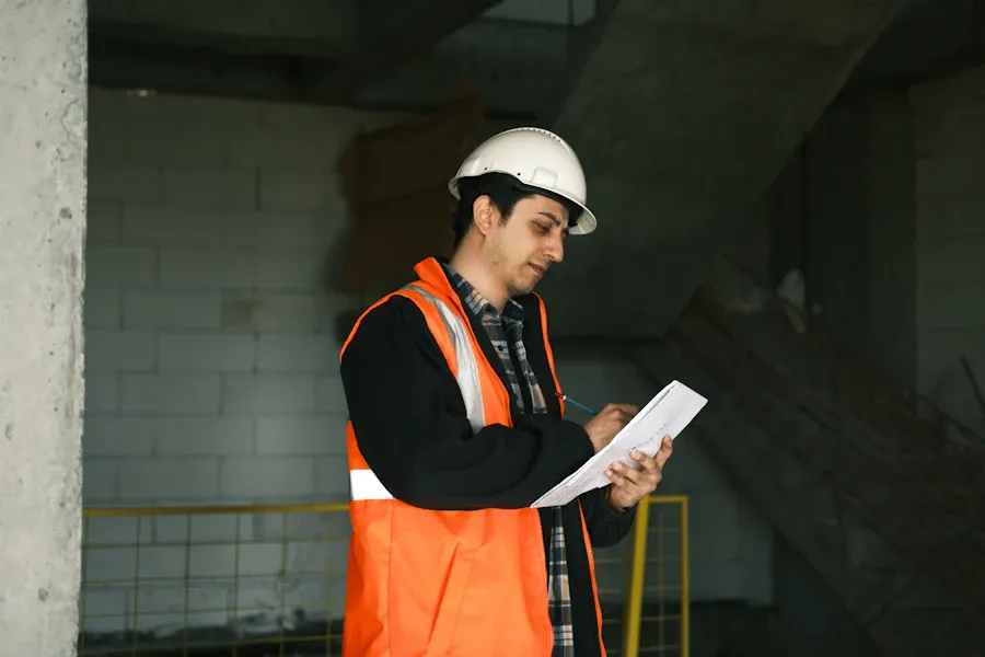 Technicien relevant les dégâts sur un carnet dans un bâtiment sinistré