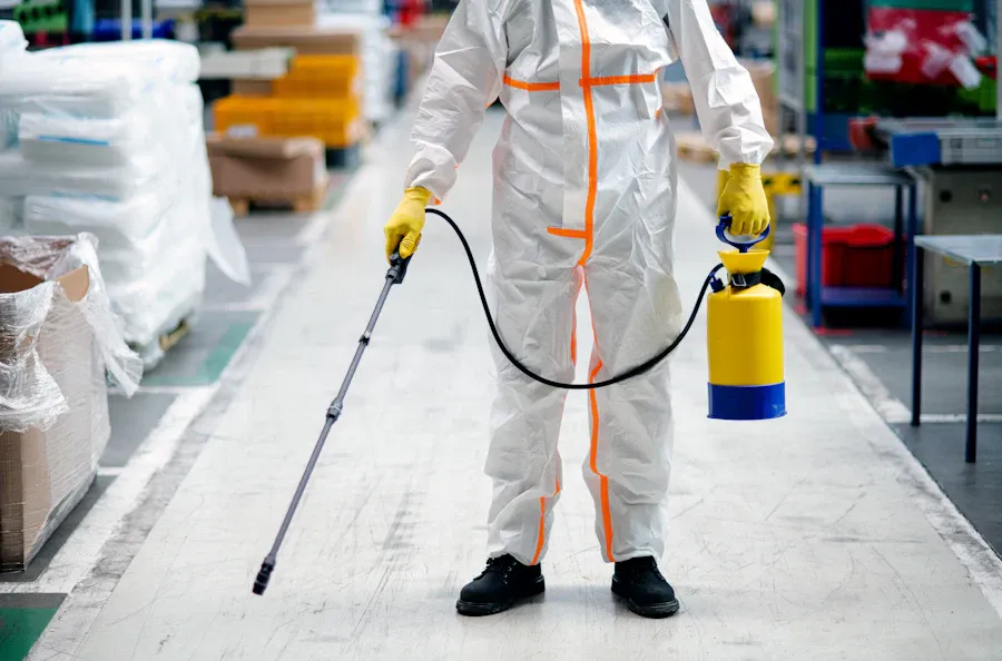 Technicien en tenue de protection traitant un local contaminé