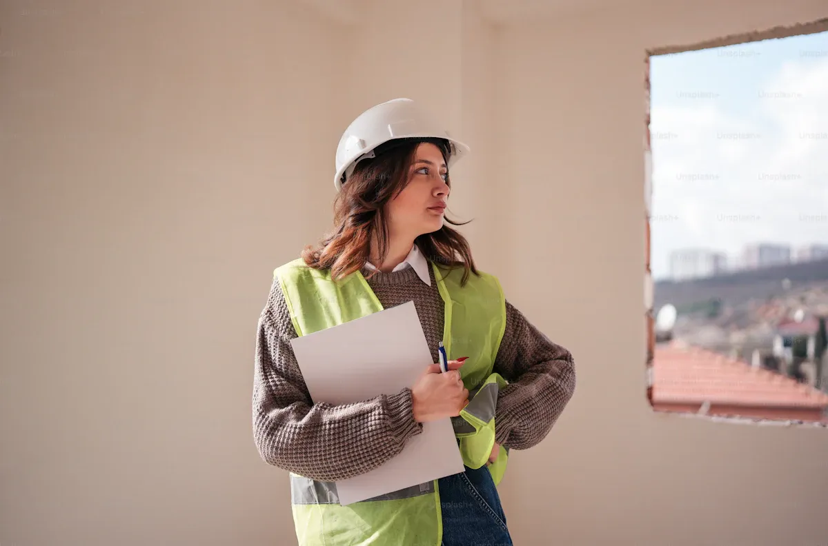 Technicienne casquée relevant l'état d'un bâtiment sinistré