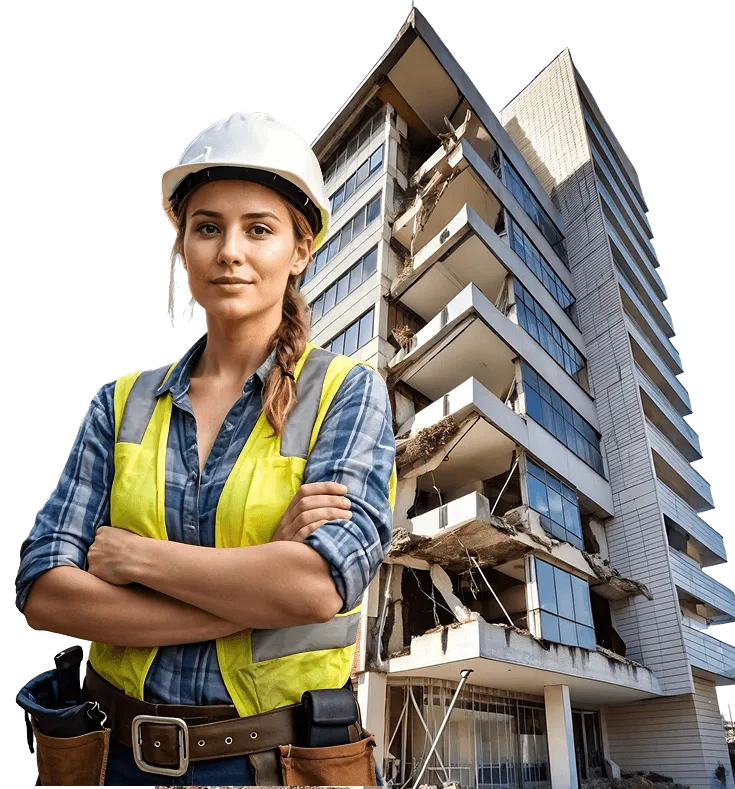Technicienne en équipement de chantier devant un immeuble sinistré
